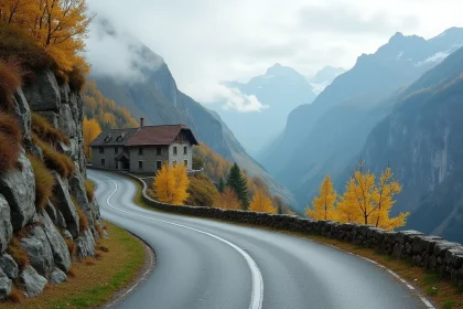 Route sinueuse du col du Petit-Saint-Bernard en automne avec hospice historique et mélèzes dorés dans les Alpes franco-italiennes