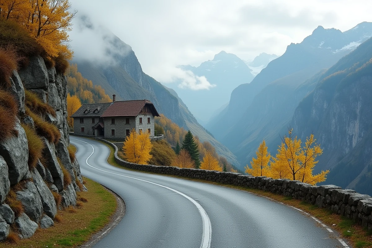 Route sinueuse du col du Petit-Saint-Bernard en automne avec hospice historique et mélèzes dorés dans les Alpes franco-italiennes