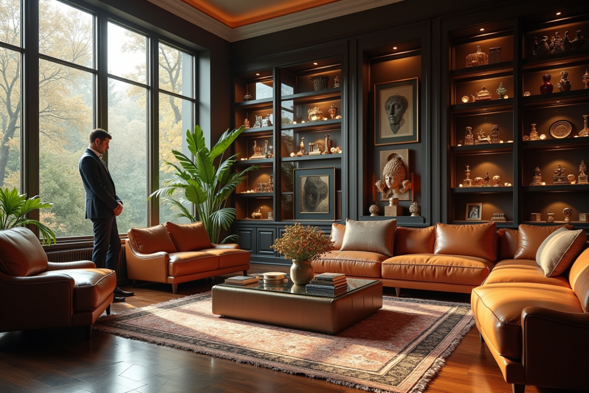 Collectionneur dans un salon lumineux avec des objets rares