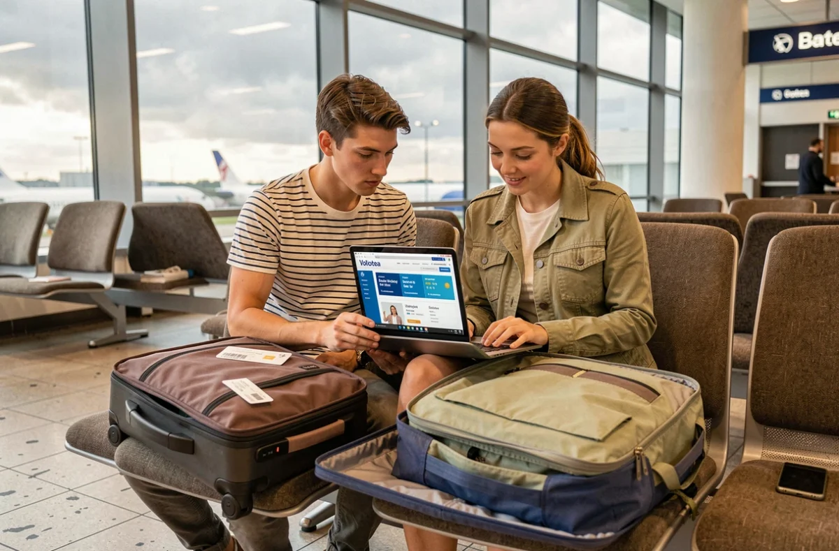Couple comparant leurs bagages à main et les options tarifaires Volotea sur ordinateur portable dans une salle d'embarquement