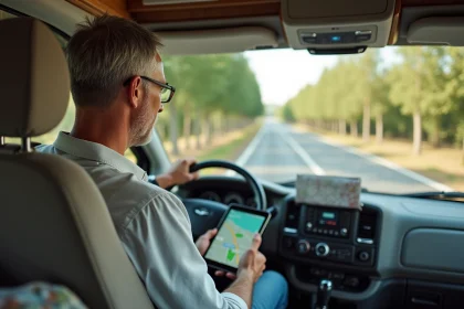 Conducteur de camping-car consultant un itinéraire sur tablette GPS à l'intérieur du véhicule