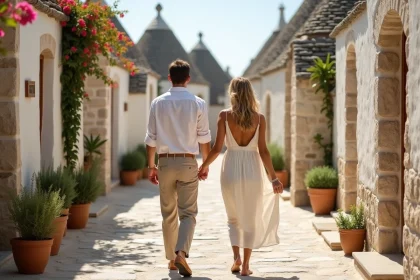 Couple se promenant main dans la main dans une ruelle pavée d'Alberobello entourée de trulli typiques des Pouilles