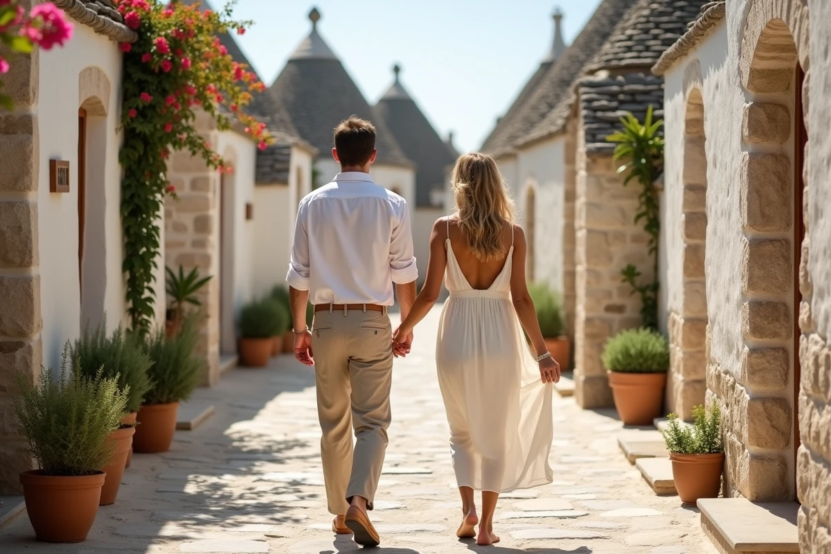 Couple se promenant main dans la main dans une ruelle pavée d'Alberobello entourée de trulli typiques des Pouilles