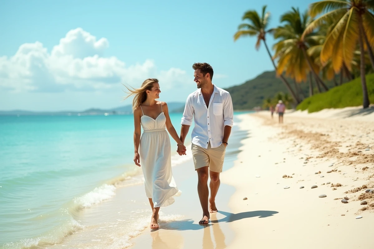 Couple amoureux marchant pieds nus sur une plage tropicale déserte lors de vacances romantiques au soleil