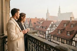 Couple élégant savourant un café sur un balcon d'hôtel 5 étoiles avec vue sur les toits de Strasbourg au petit matin