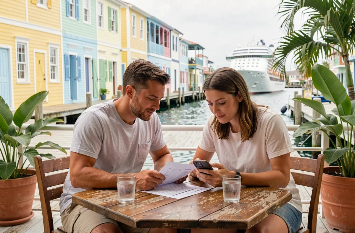 Couple consultant un budget de croisière dans un café de port aux Antilles avec un bateau en arrière-plan