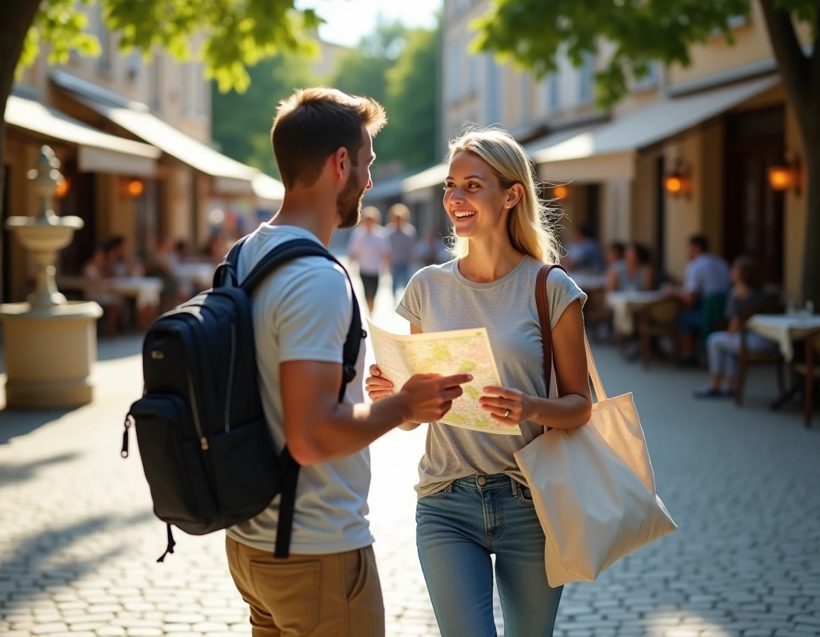 Couple descendant du bus en place de village pour rejoindre leur lieu de vacances sans voiture