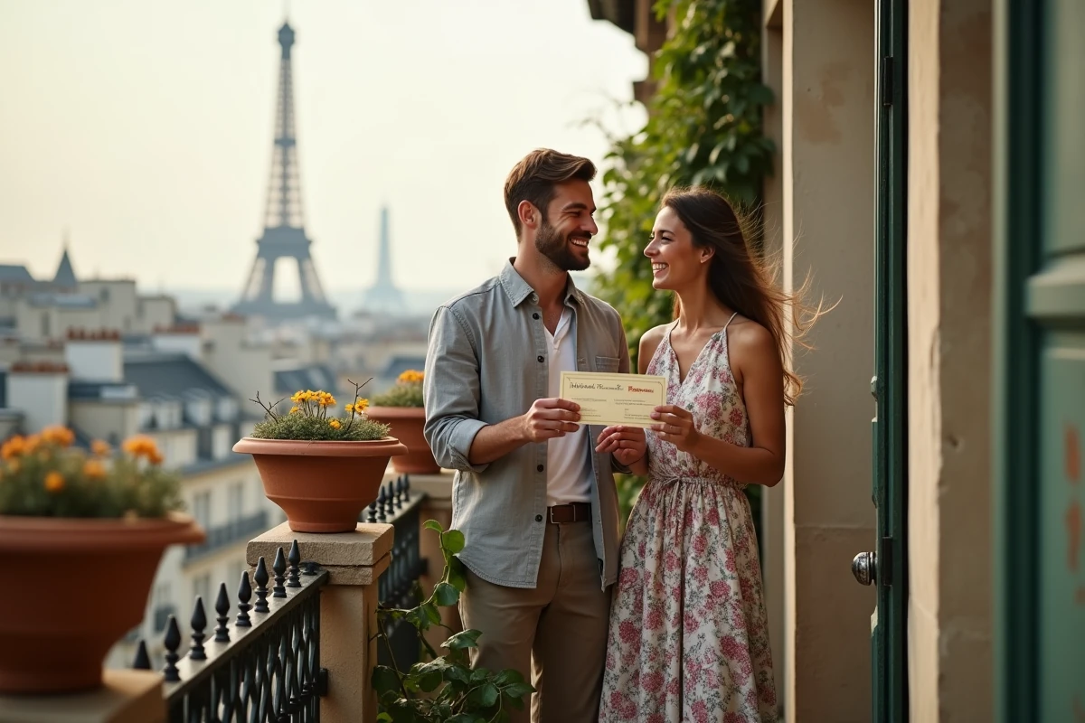 Couple découvrant un bon cadeau pour un hébergement insolite sur un balcon parisien avec vue sur la Tour Eiffel