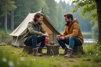Couple souriant préparant le petit déjeuner en camping