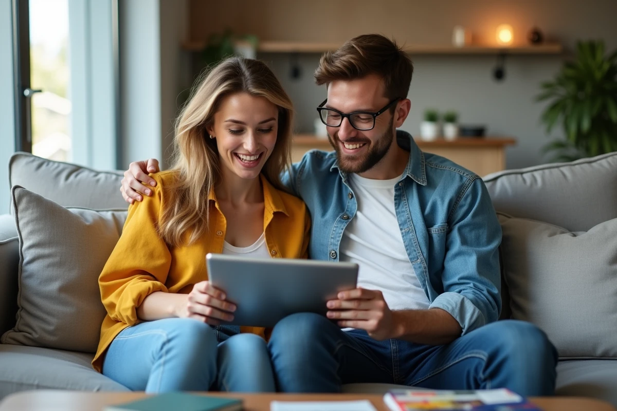 Couple comparant des vols sur Google Flights avec une tablette pour organiser leurs vacances