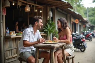 Jeune couple partageant une cuisine locale à Kuta Lombok