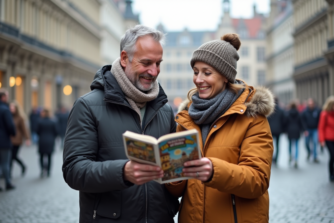 Couple souriant avec guide à la Grand Place de Bruxelles