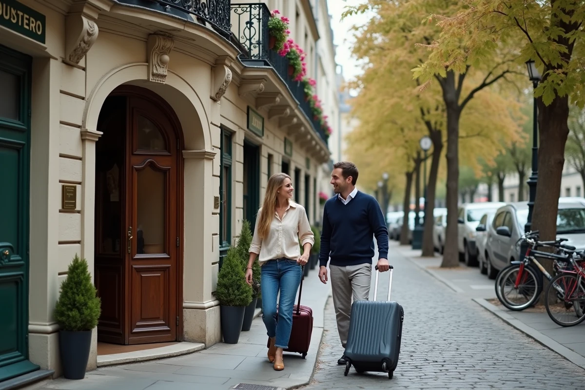 Couple arrivant à pied à un hôtel boutique parisien avec entrée de métro visible en arrière-plan