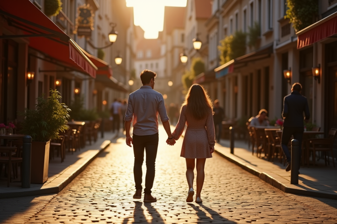 Couple main dans la main dans une rue pavée de Lille ensoleillée