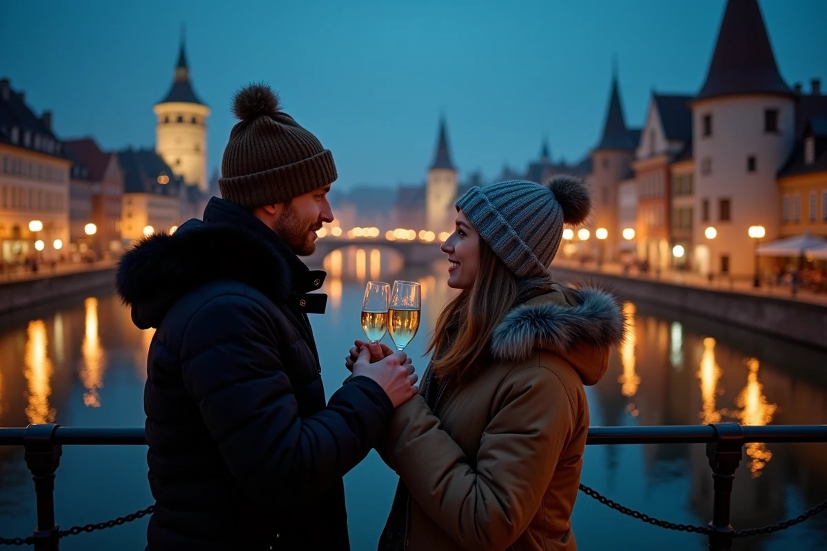 Couple fêtant le Nouvel An sur le Barrage Vauban à Strasbourg avec vue sur la Petite France illuminée