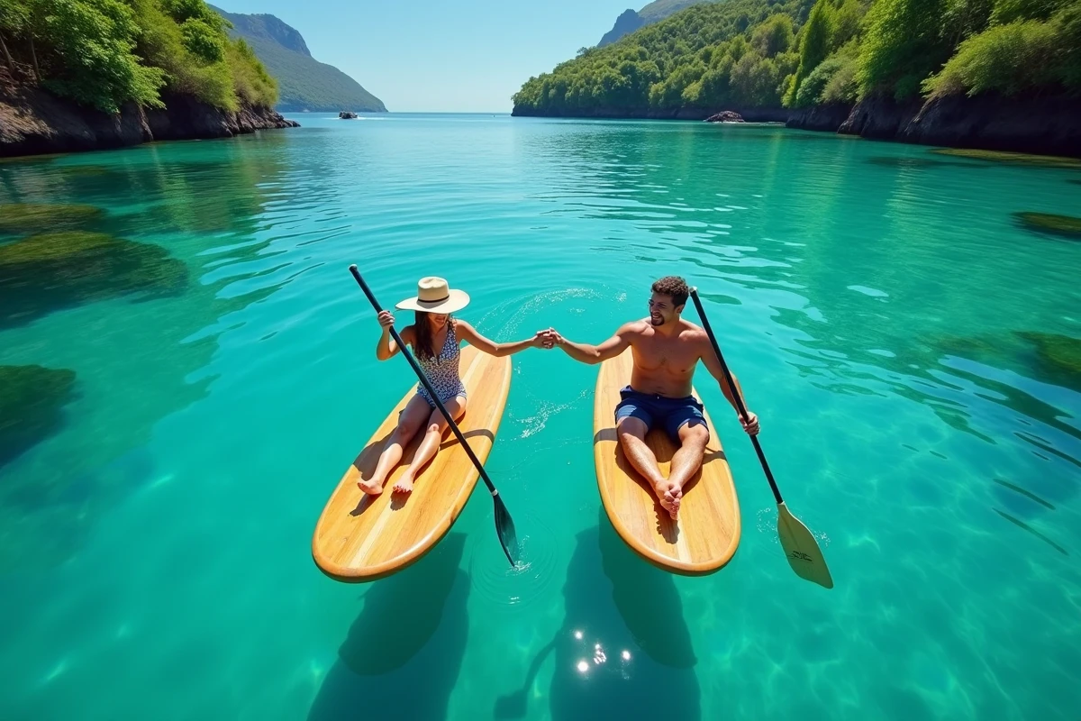 Couple faisant du paddleboard main dans la main sur un lagon turquoise lors d'une escapade romantique sous le soleil