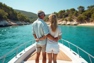 Couple souriant sur un bateau privé face à Porquerolles