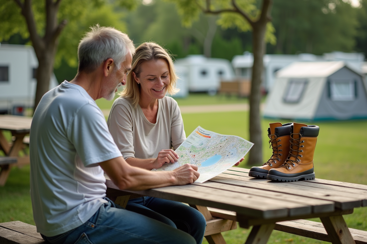 Couple français en camping en pleine nature avec carte