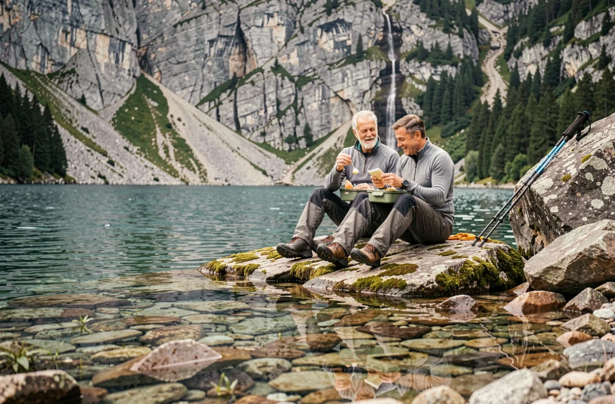 Couple de randonneurs faisant une pause déjeuner au bord du lac Oeschinensee avec falaises calcaires en arrière-plan