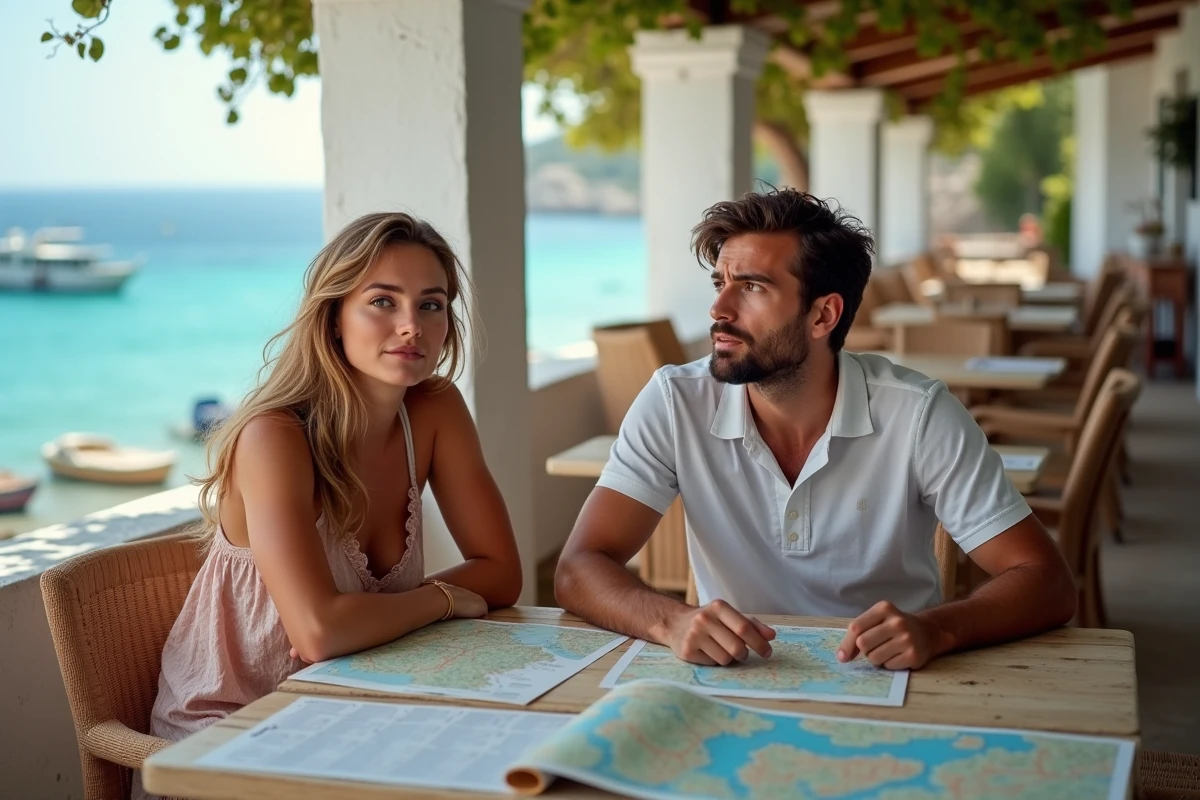 Jeune couple à une taverne de bord de mer en Crète