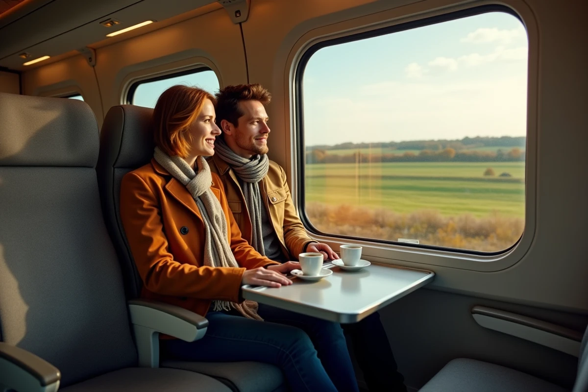 Couple dans un TGV regardant le paysage italien par la fenêtre lors d'un trajet Lyon-Italie en train