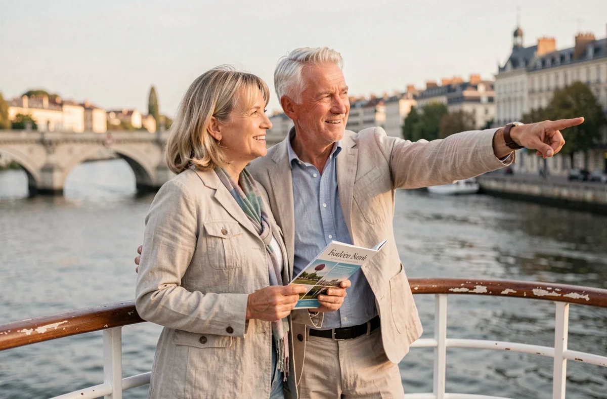 Couple de touristes sur le pont d'un bateau de croisière fluviale admirant le panorama de Bordeaux