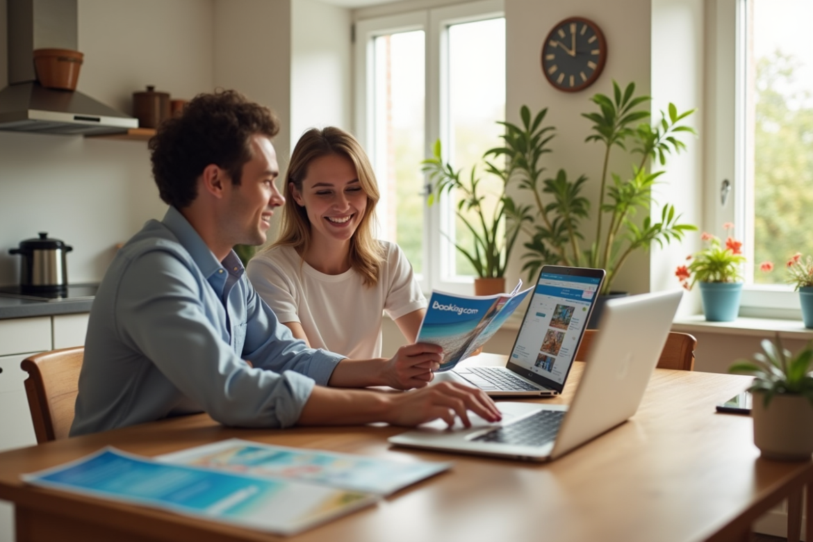 Couple souriant planifiant des vacances avec brochures et ordinateur