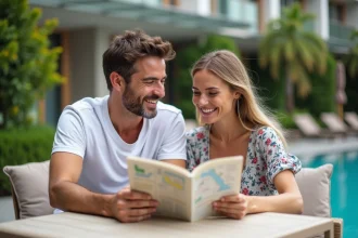 Couple souriant regardant brochure de voyage au bord de la piscine