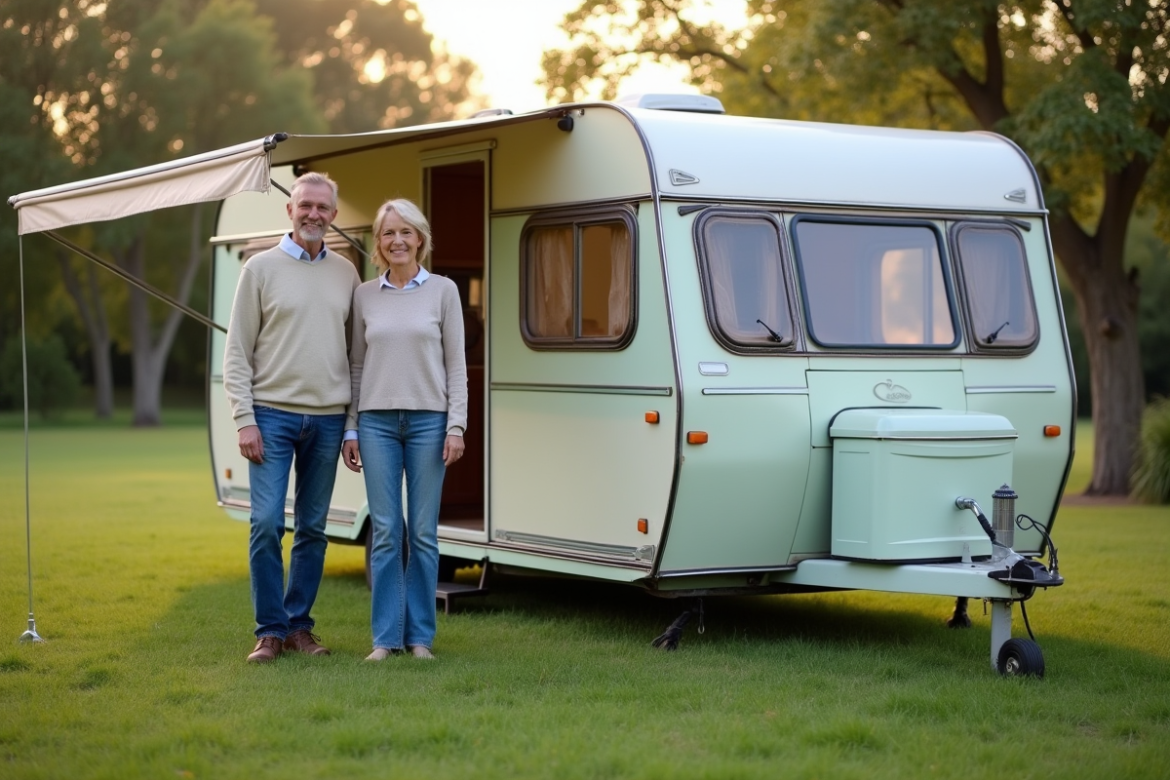 Couple souriant près de leur caravane vintage en plein air
