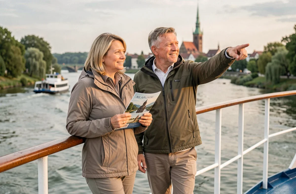 Couple de voyageurs comparant des brochures de croisière sur le pont d'un bateau fluvial sur le Rhin