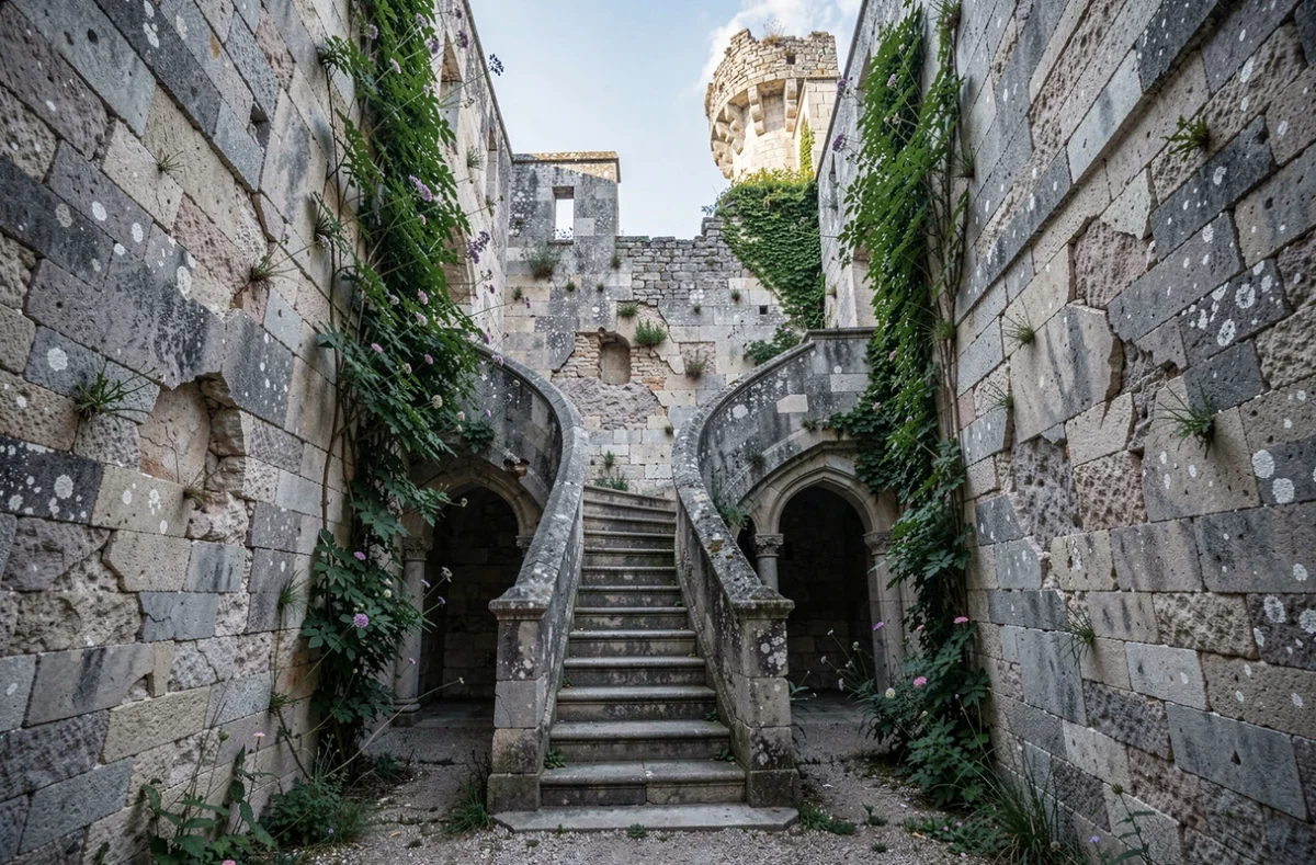 Cour intérieure abandonnée d'un château fort en France avec escalier médiéval et végétation envahissante