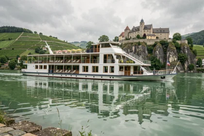 Bateau de croisière fluviale naviguant sur le Rhin avec châteaux médiévaux et vignobles en arrière-plan