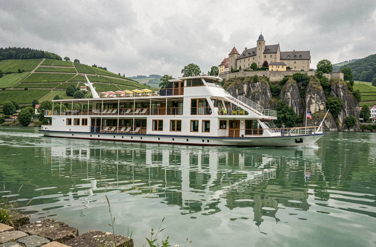 Bateau de croisière fluviale naviguant sur le Rhin avec châteaux médiévaux et vignobles en arrière-plan