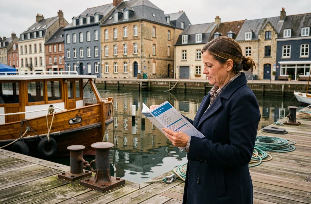 Femme consultant un programme de croisière sur la passerelle d'un bateau amarré dans le Vieux-Bassin de Honfleur