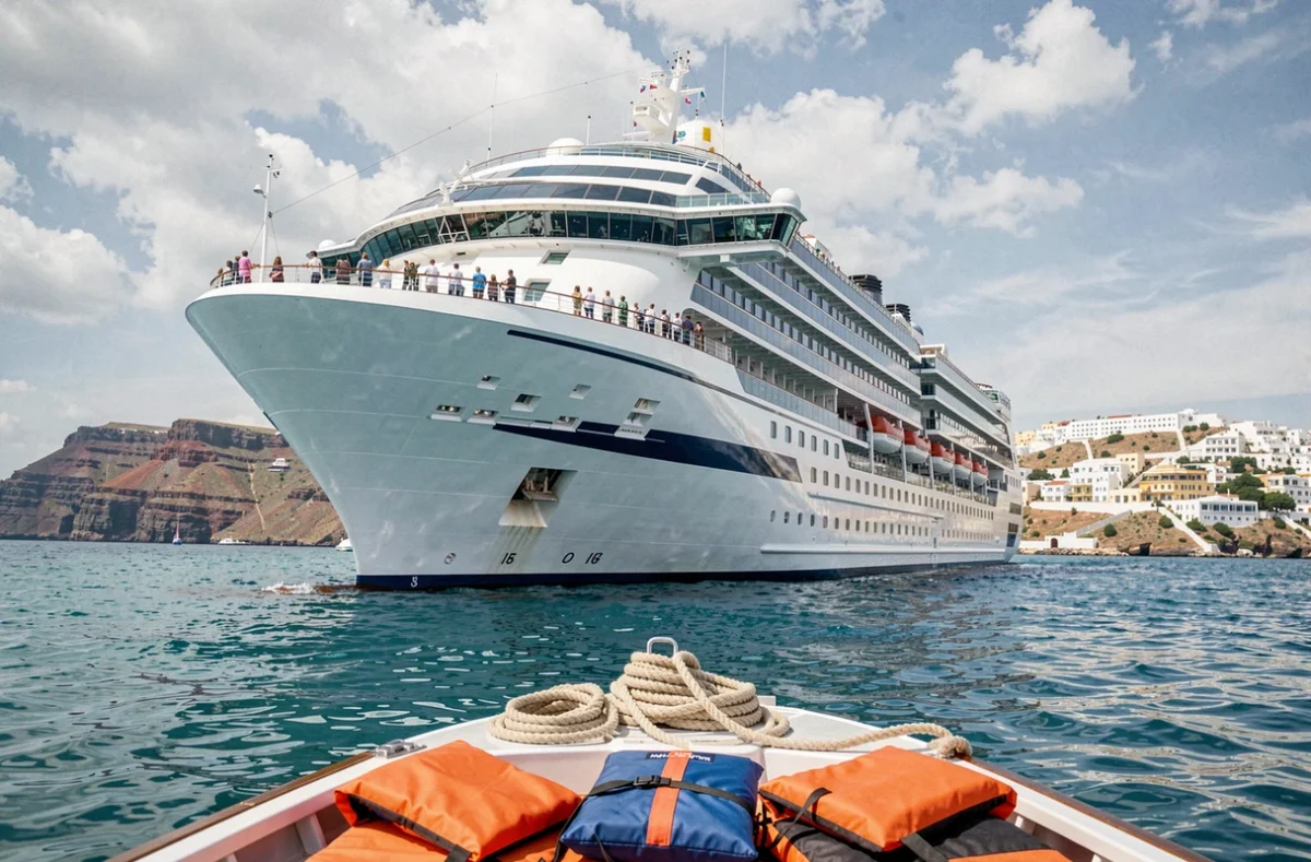 Grand navire de croisière moderne naviguant en Méditerranée avec Santorin en arrière-plan