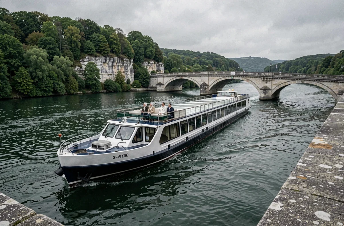 Bateau de croisière fluviale vu depuis un pont traversant la Seine dans les Boucles de la Seine normande
