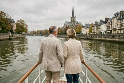 Couple sur le pont avant d'un bateau de croisière fluviale remontant la Seine vers Rouen avec la cathédrale visible au loin