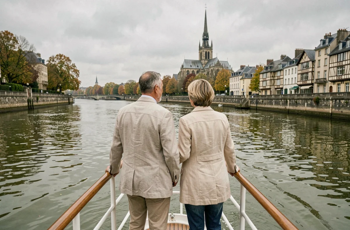 Couple sur le pont avant d'un bateau de croisière fluviale remontant la Seine vers Rouen avec la cathédrale visible au loin
