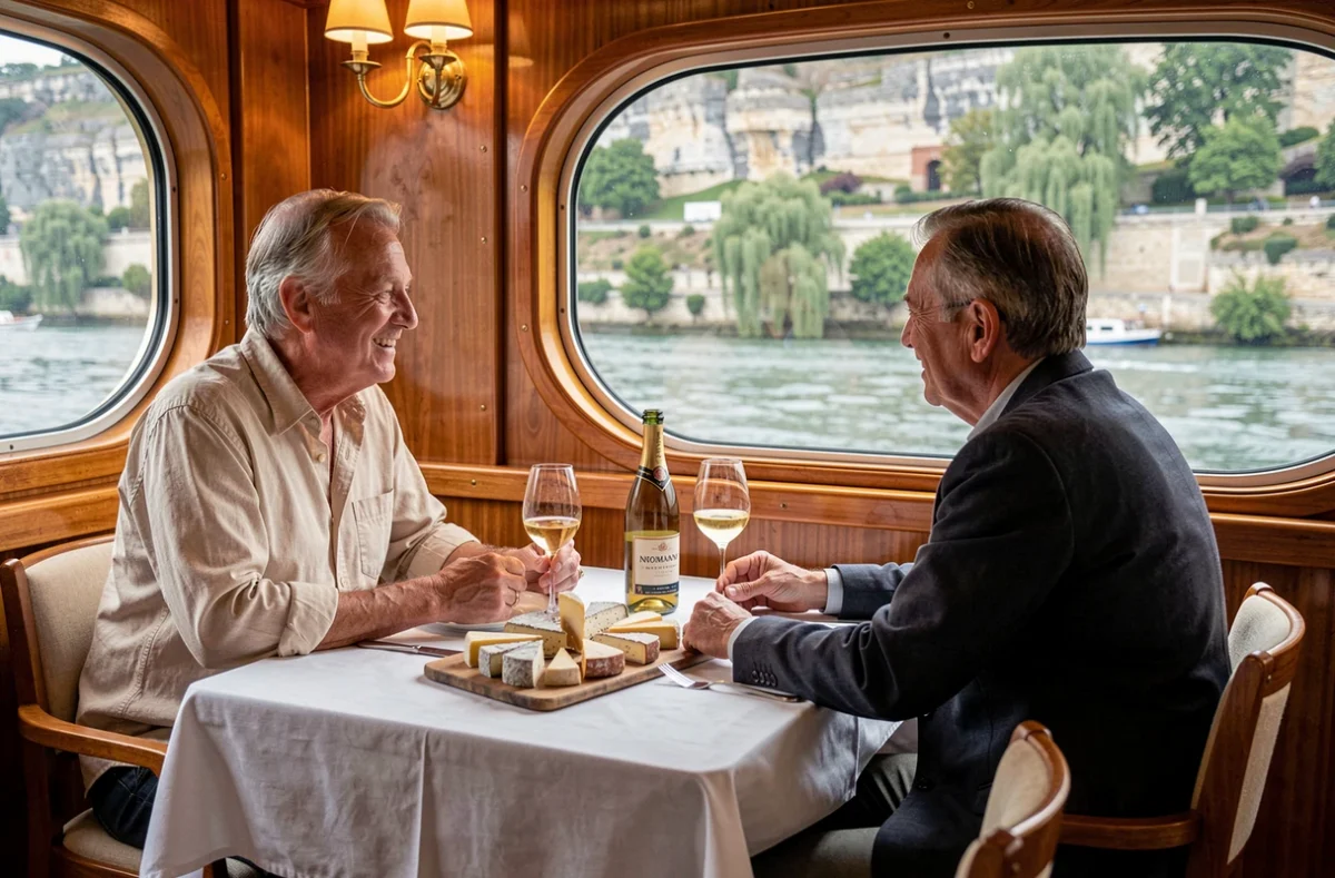 Passagers attablés dans le salon panoramique d'un bateau de croisière fluviale sur la Seine dégustant des spécialités normandes