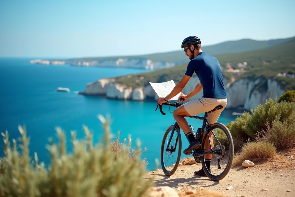 Cycliste homme consultant une carte sur un belvédère côtier de Porquerolles avec vue panoramique sur la Méditerranée