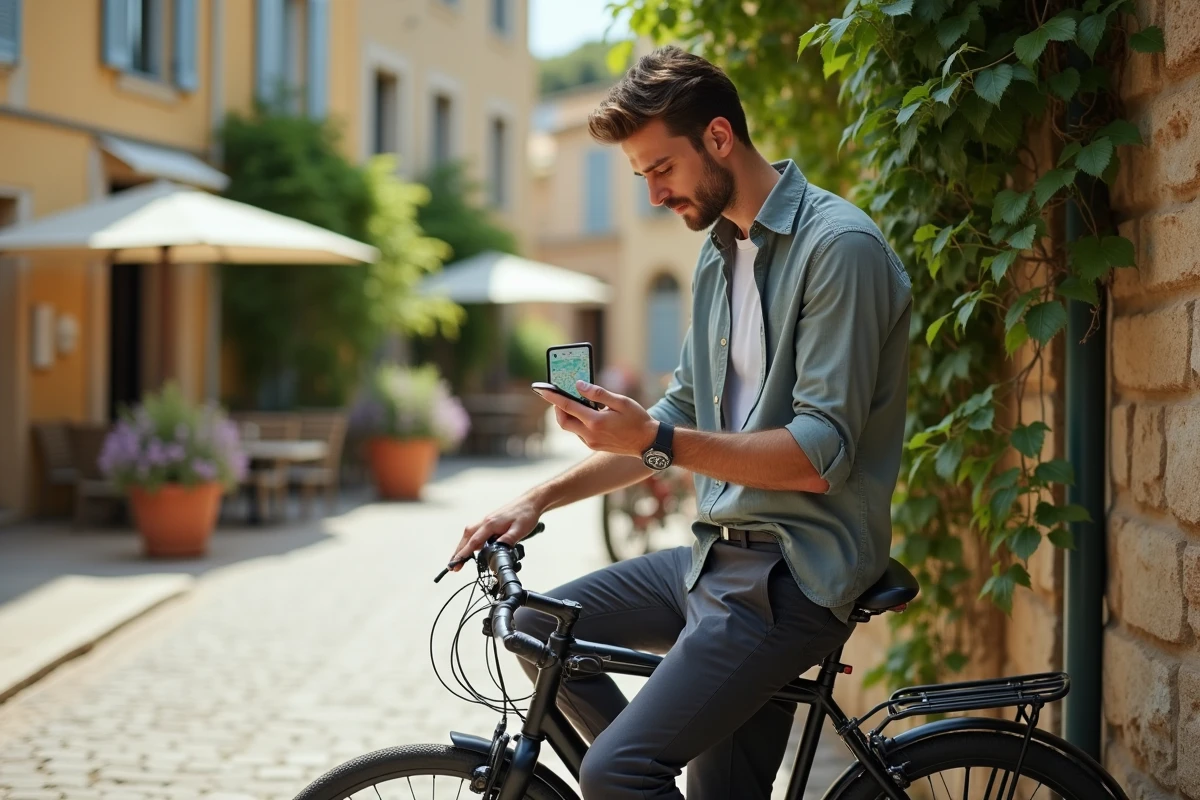 Cycliste consultant son itinéraire vélo sur smartphone dans une place provençale à Aix-en-Provence