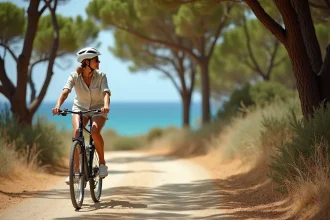 Cycliste femme sur un sentier forestier de l'île de Porquerolles entourée de pins maritimes avec vue sur la mer Méditerranée
