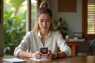 Femme consultant deux fuseaux horaires sur son smartphone entre la France et La Réunion