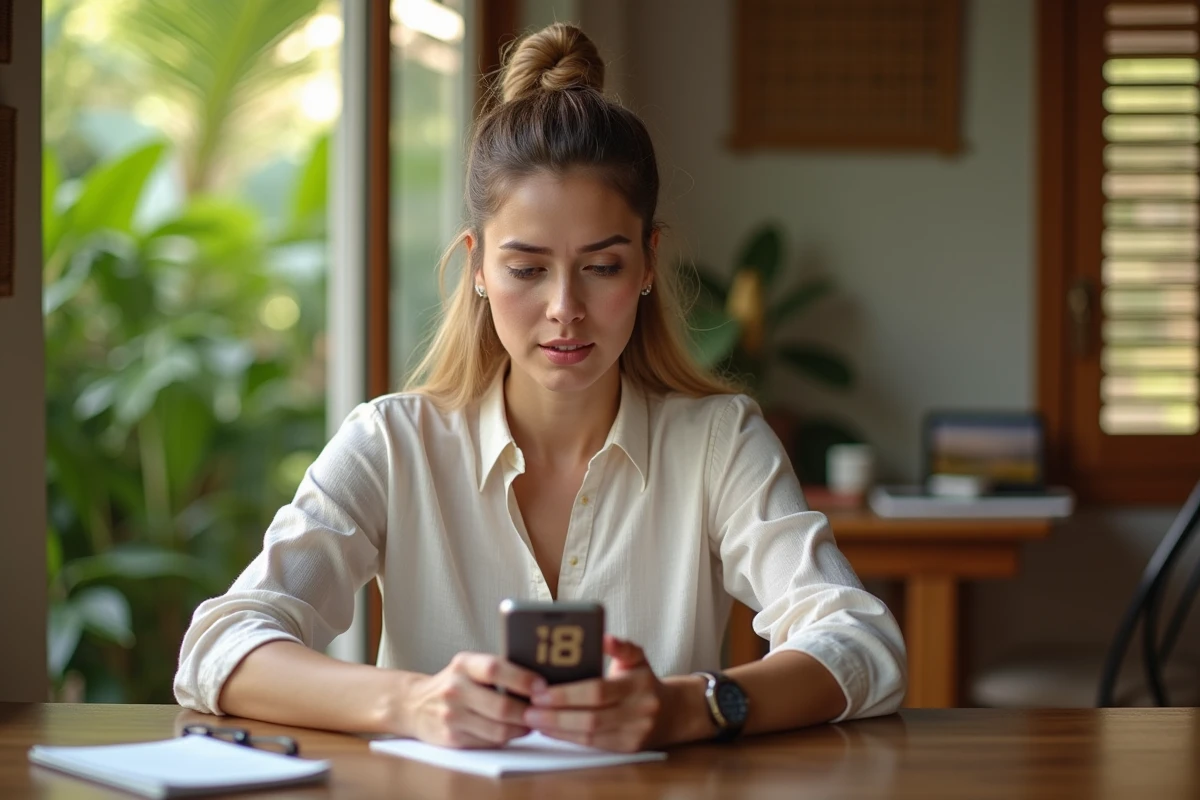 Femme consultant deux fuseaux horaires sur son smartphone entre la France et La Réunion