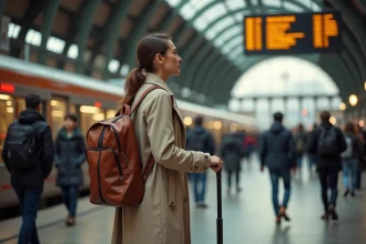 Femme française en partance dans une gare avec valise, consultant les panneaux de départ pour un départ CEI depuis la France