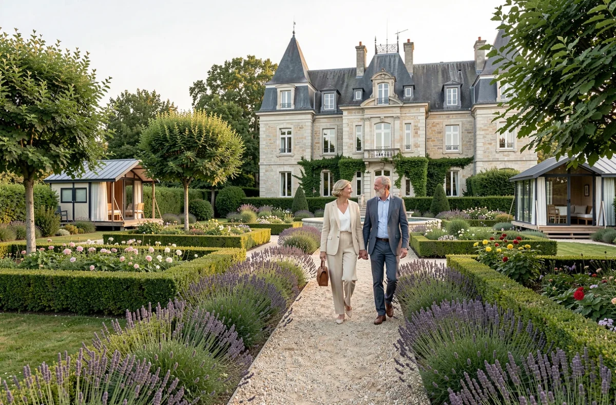 Domaine Le Jardin de Séraphine à Malleville-les-Grès avec jardins paysagers soignés, manoir en pierre et cabines de glamping de luxe