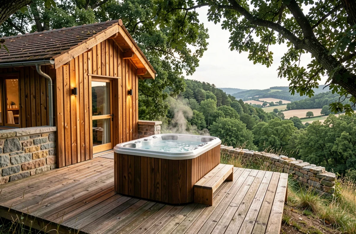 Cabane spa perchée avec bain à remous sur terrasse en bois surplombant la vallée boisée près de Sarlat au Domaine du Pech Eternel en Dordogne