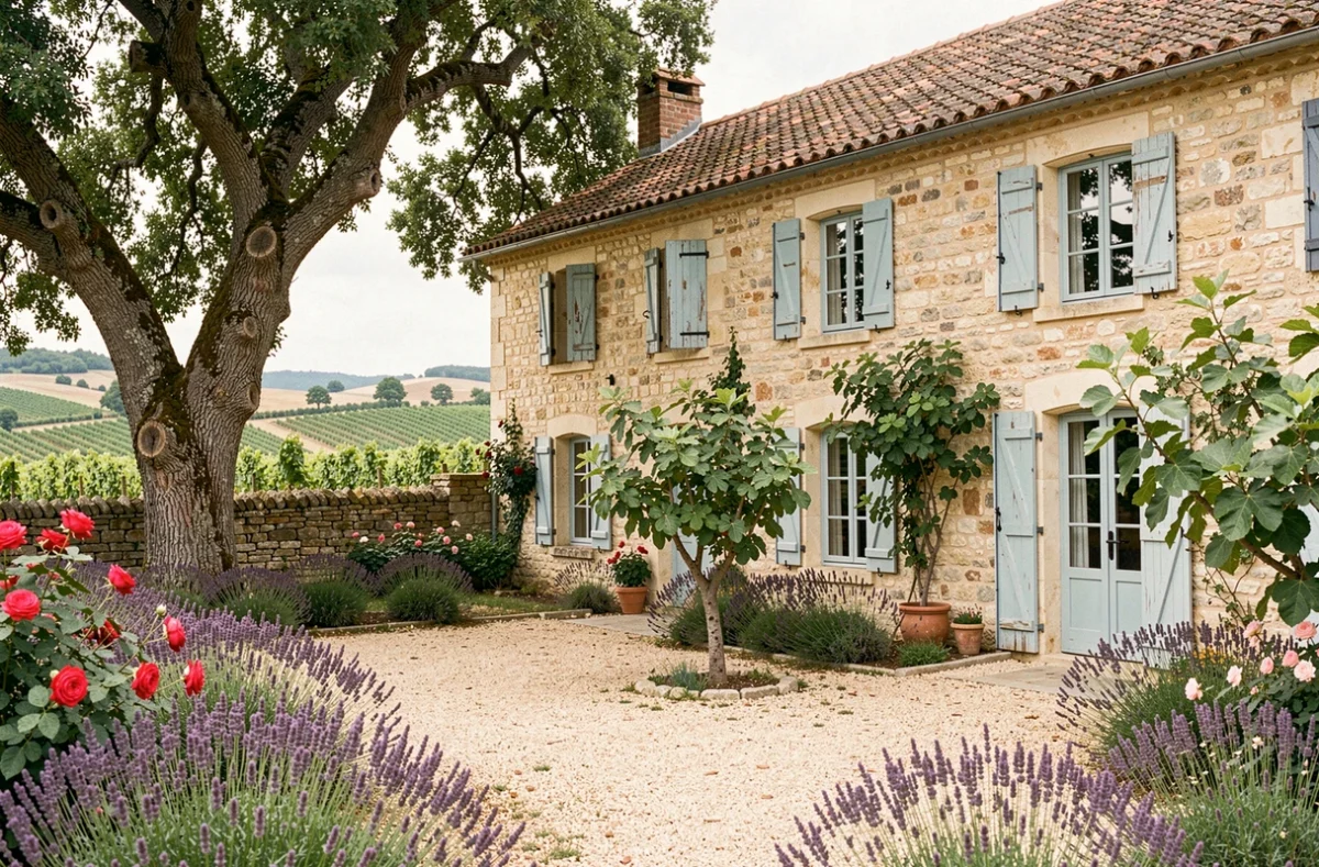 Maison de caractère en pierre du Périgord avec jardins sauvages de lavande et rosiers au Domaine du Temps Retrouvé à Beaupouyet, Dordogne