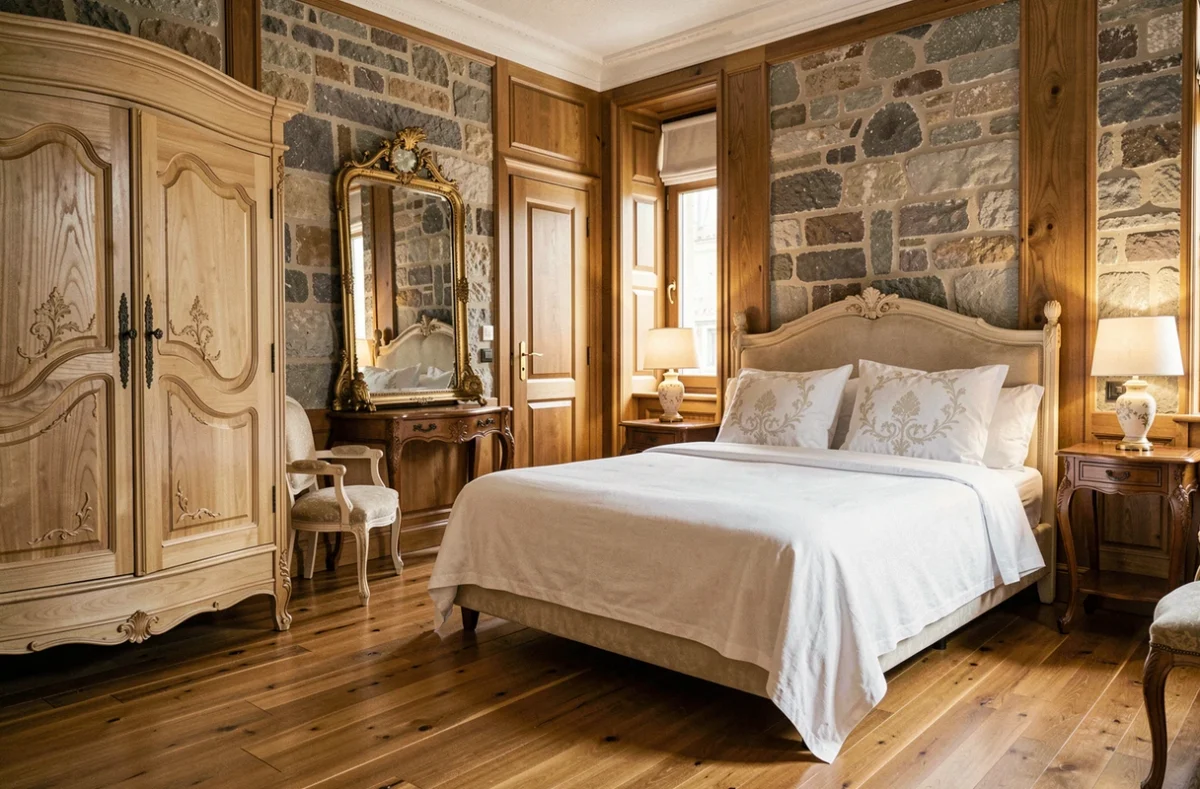 Chambre de prestige élégamment meublée chez Du Côté de Chez Anne à Strasbourg, avec mobilier ancien et murs en pierre