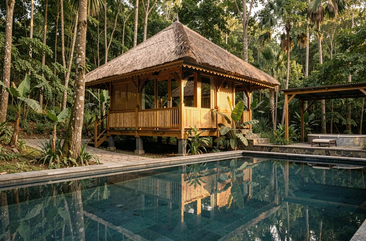 Cabane indonésienne sur pilotis avec spa privatif entourée de végétation luxuriante à Ecôtelia en Gironde